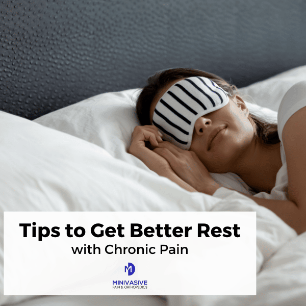 Get better sleep with chronic pain header image, woman in mask sleeping on white bedding